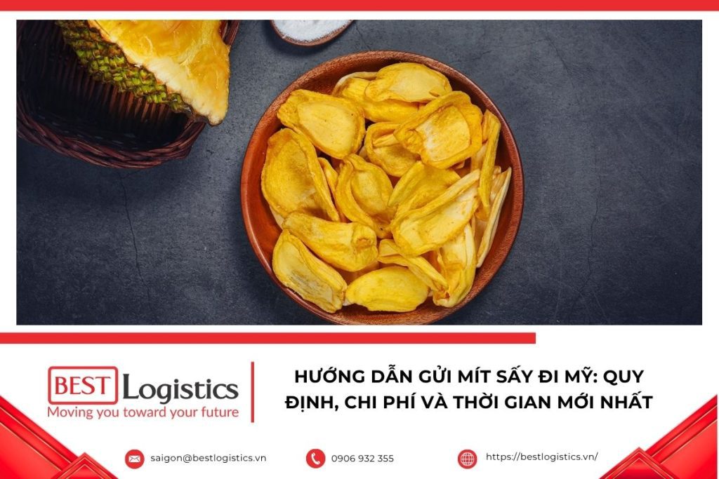Gửi mít sấy đi Mỹ bằng dịch vụ vận chuyển quốc tế, đảm bảo đúng quy định nhập khẩu, đóng gói an toàn và giao hàng nhanh.