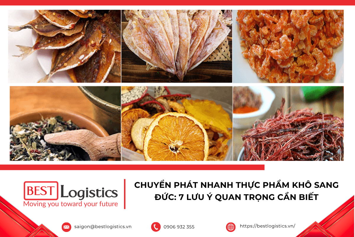 Tìm hiểu 7 lưu ý quan trọng khi chuyển phát nhanh thực phẩm khô sang Đức, từ quy định nhập khẩu, cách đóng gói, chứng từ đến thời gian và chi phí vận chuyển.
